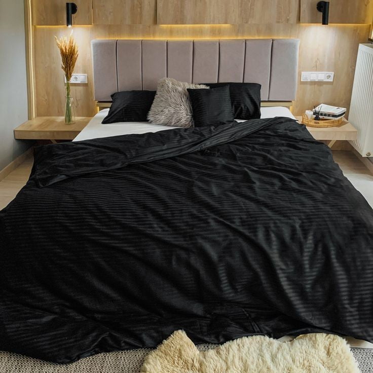 Cearsaf pat Damasc satinat , bumbac 100%, dungi 1 cm, dimensiune 220x240cm Negru - imagine 2