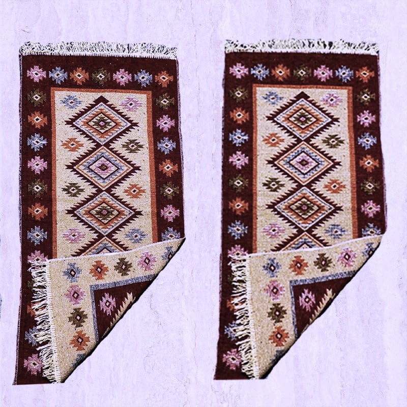 1+1 Covoare traditionale tesute,cu doua fete, dimensiunea 60x90cm, maro si crem, model ROMB