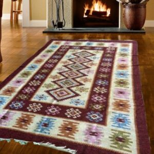 Covor traditional tesut, cu doua fete, dimensiunea 180x280cm, Maro si crem, model ROMB