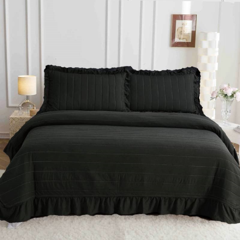Set de pat Saten 3 piese-Cuvertura pentru pat matrimonial 220x240cm +2 fete perna 50x70cm Negru - imagine 2