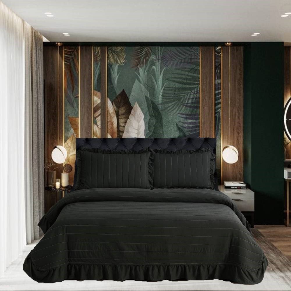 Set de pat Saten 3 piese-Cuvertura pentru pat matrimonial 220x240cm +2 fete perna 50x70cm Negru