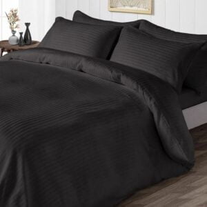 Lenjerie din Damasc bumbac 100%, dungi 1cm, pentru pat XXL -cearsaf pilota 200x230cm, cearsaf pat 240x260cm, 2 fete perna 50x70cm, cu rama decorativa Negru - imagine 3