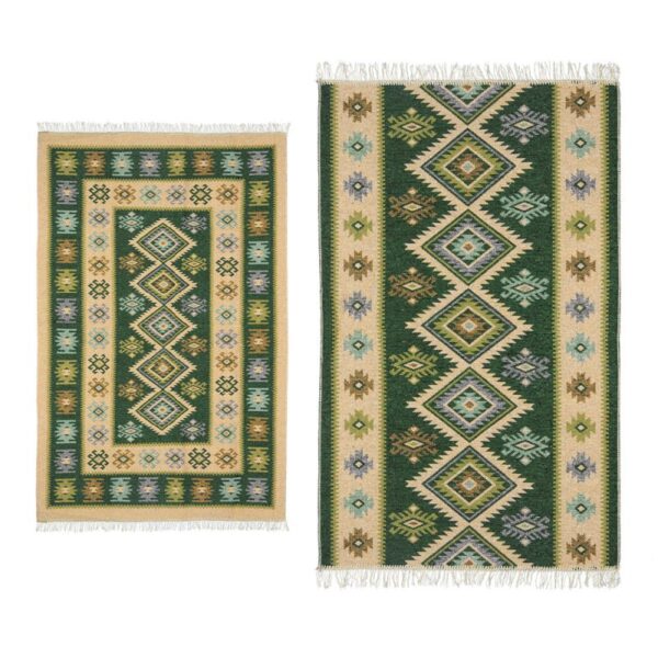 1+1 Covoare traditionale, dimensiunea 120x180cm+ 60x120cm, verde si crem, model ROMB