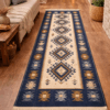 Covor traditional tesut, cu doua fete, dimensiunea 60x150cm, albastru si crem, model ROMB