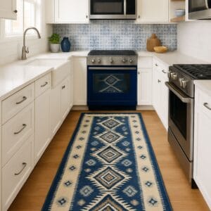 Covor traditional tesut, cu doua fete, iuta, dimensiunea 80x150cm, albastru si crem, model ROMB