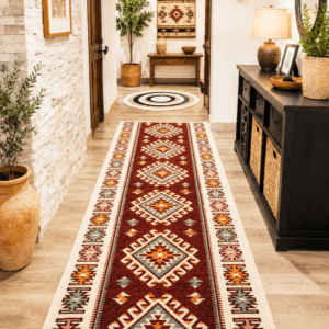 Covor traditional, dimensiunea 100x200cm, rosu si crem, model ROMB