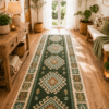 Covor traditional, dimensiunea 80x250cm verde si crem, model ROMB