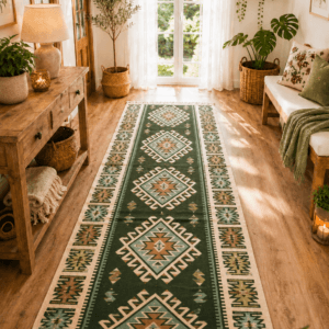 Covor traditional, dimensiunea 80x250cm verde si crem, model ROMB