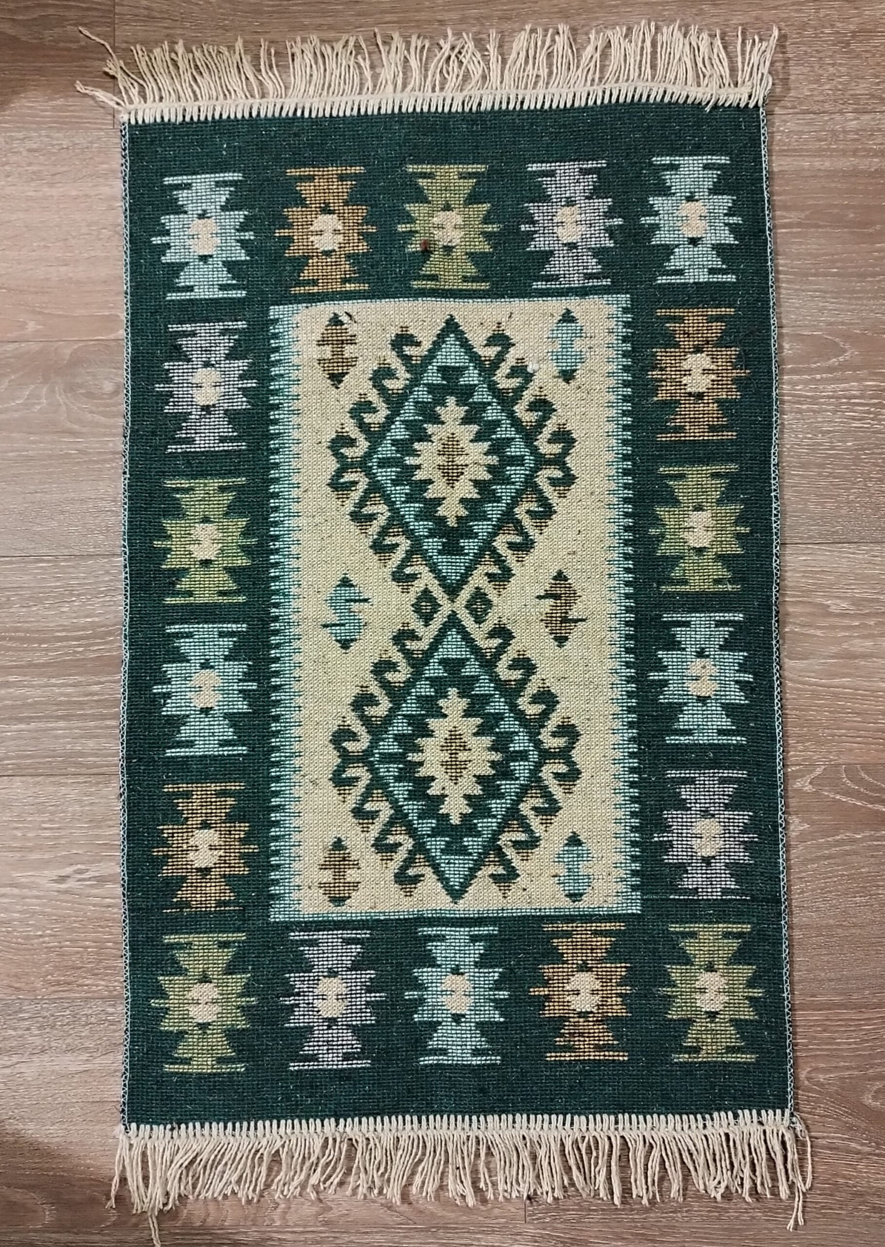 Covor traditional, iuta, dimensiunea 80x125cm, verde si crem, model ROMB - imagine 3
