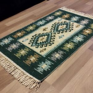 Alternative view of Covor traditional, iuta, dimensiunea 80x125cm, verde si crem, model ROMB