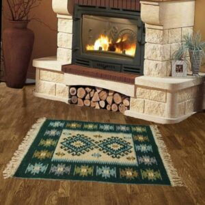 Covor traditional, iuta, dimensiunea 80x125cm, verde si crem, model ROMB