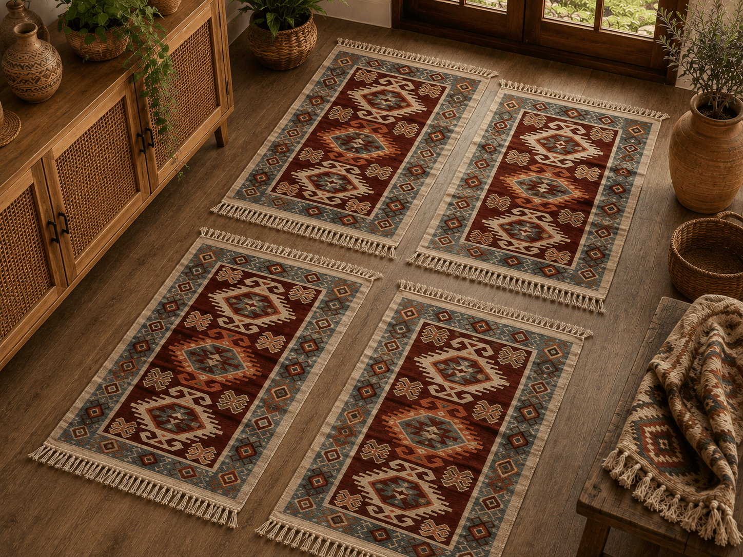 set 4 Covoare traditionale tesute, cu doua fete, dimensiunea 60x90cm, Rosu, model HORA - imagine 2