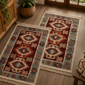 1+1 Covoare traditionale, dimensiunea 60x90cm, rosu si crem, model HORA