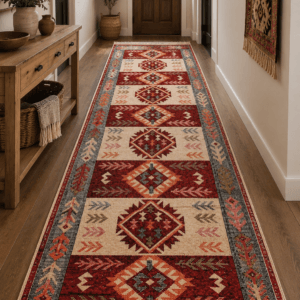 Covor traditional, dimensiunea 80x300cm Rosu si crem, model Spic de grau