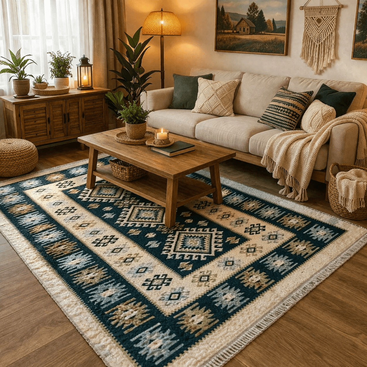 Covor traditional, dimensiunea 200x300cm, VERDE si crem, model ROMB