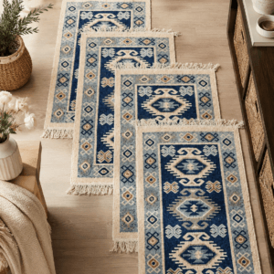set 4 Covoare traditionale tesute, cu doua fete, dimensiunea 60x90cm, Albastru si crem, model HORA
