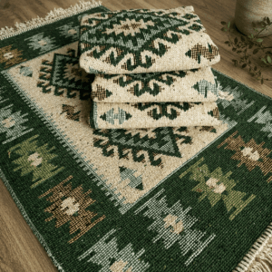 set 4 Covoare traditionale tesute, iuta, cu doua fete, dimensiunea 60x90cm, Verde, model ROMB