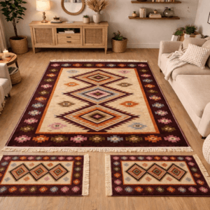 1+2 Covoare traditionale, 1 bucata dimensiunea 200x300cm+2 bucati 60x120cm, rosu si crem, model ROMB