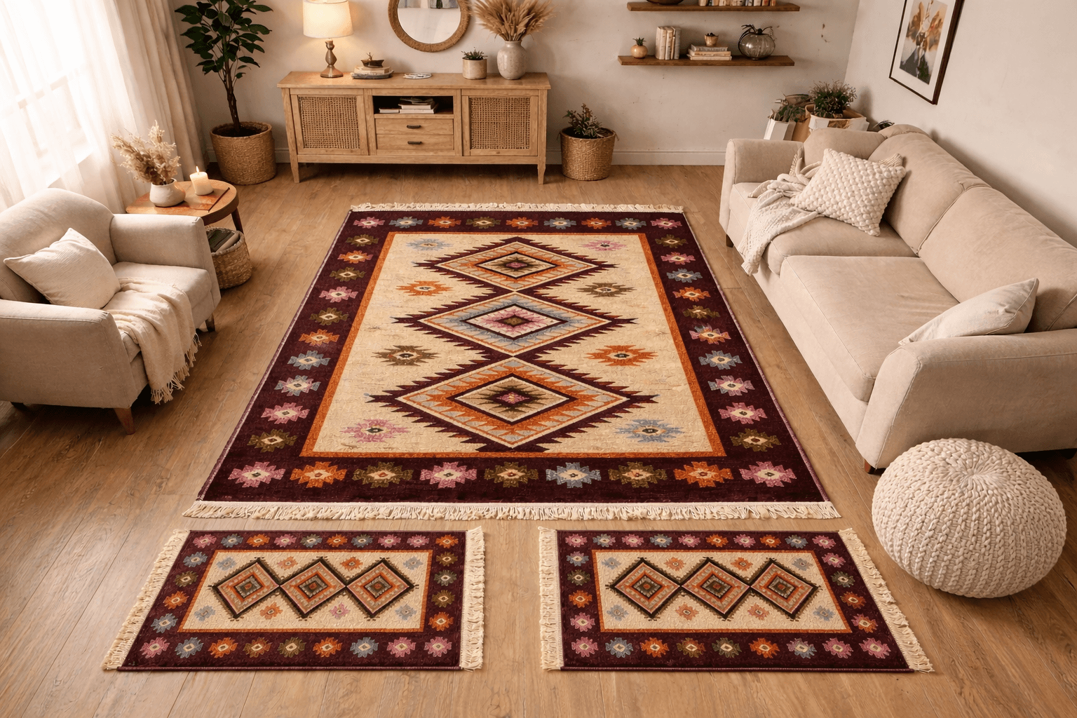 1+2 Covoare traditionale, 1 bucata dimensiunea 200x300cm+2 bucati 60x120cm, rosu si crem, model ROMB