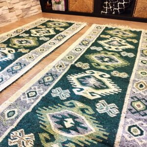 1+1 Covoare traditionale, cu doua fete, dimensiunea 60x300cm, verde si crem, model HORA - imagine 4