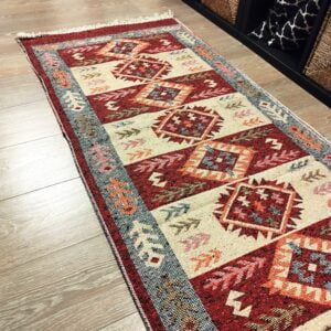 Covor traditional, dimensiunea 80x300cm Rosu si crem, model Spic de grau - imagine 5