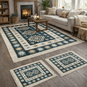 1+2 Covoare traditionale, dimensiunea 1 buc 200x300cm+ 2 buc 60X90cm, verde si crem, model ROMB