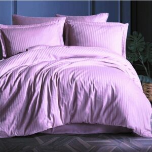 Lenjerie din Damasc bumbac 100%, dungi 1cm, pentru pat XXL -cearsaf pilota 200x230cm, cearsaf pat 240x260cm, 2 fete perna 50x70cm, cu rama decorativa Lila