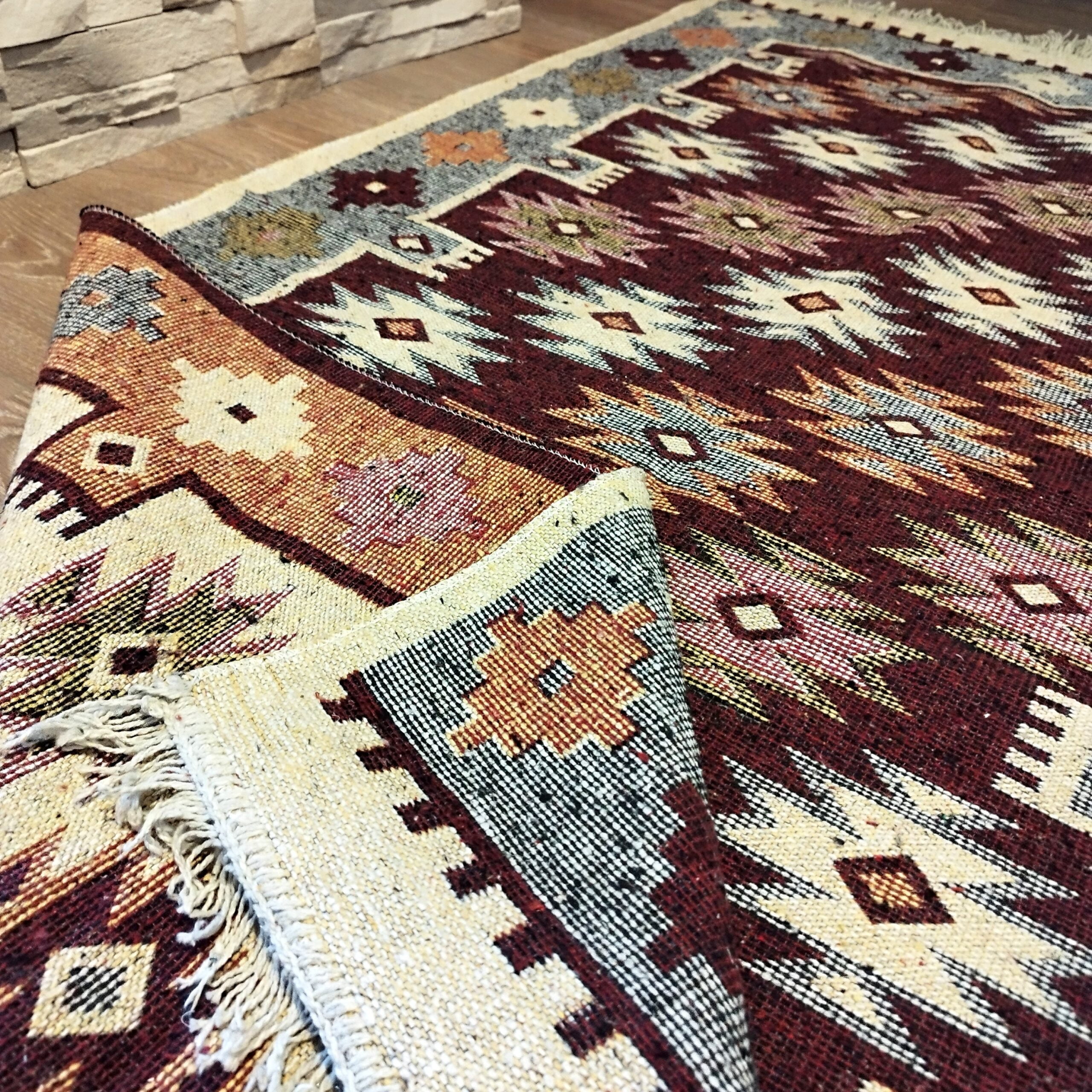 Covor traditional, tesut, cu doua fete, dimensiunea 80x200cm Maro si crem, model RUSTIC - imagine 3
