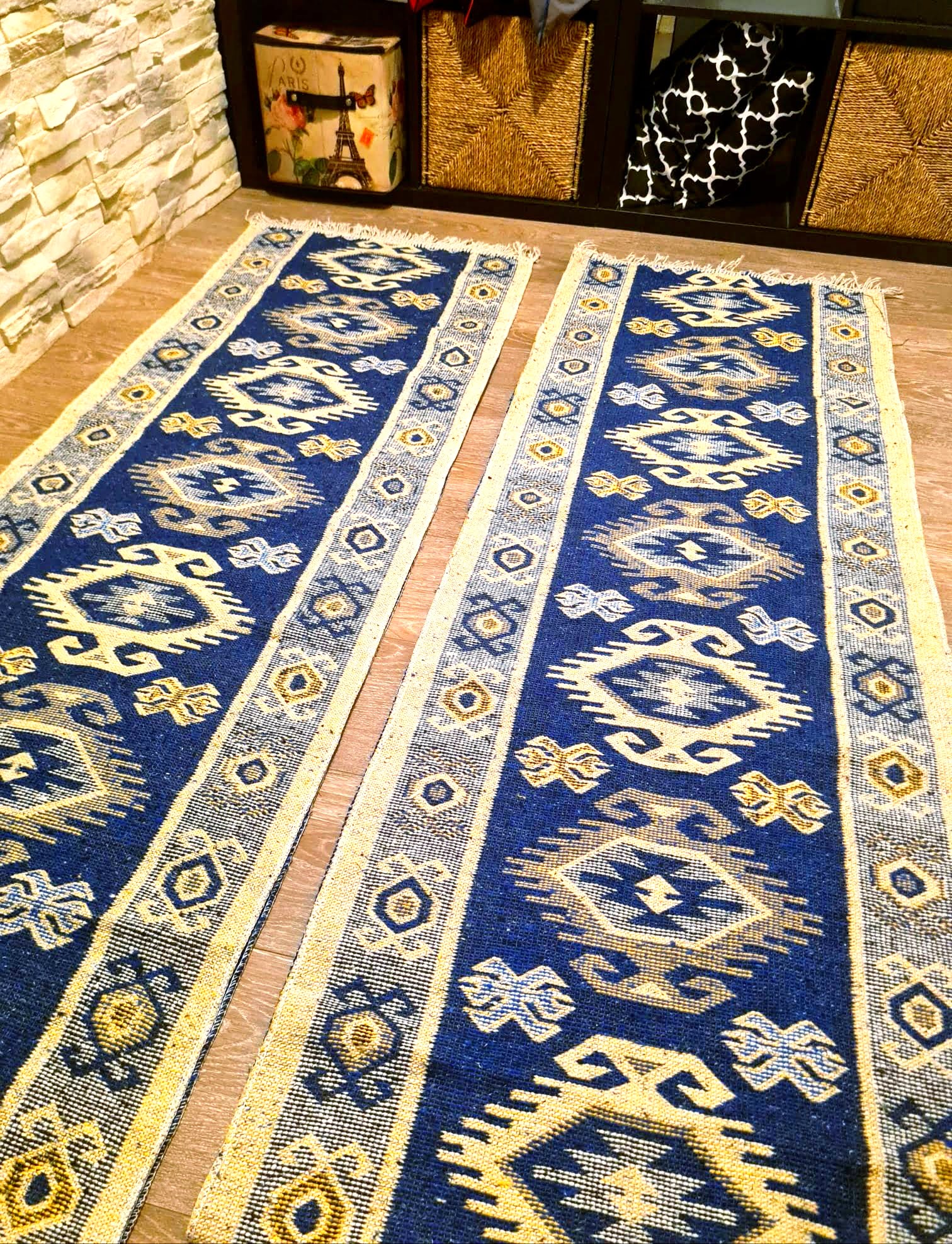 1+1 Covoare traditionale, cu doua fete, dimensiunea 60x300cm, albastru si crem, model HORA - imagine 2