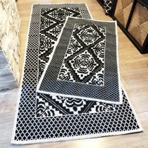 1+1 Set Covoare tesute din bumbac, dimensiunea 1 bucata 60x120cm+1 bucata 80x200cm, negru si alb, cod CB27AD - imagine 5
