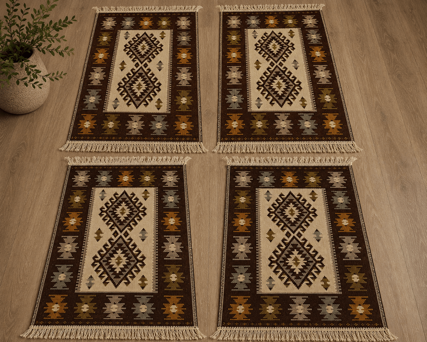 set 4 Covoare traditionale tesute, cu doua fete, iuta, dimensiunea 60x90cm, Maro, model ROMB