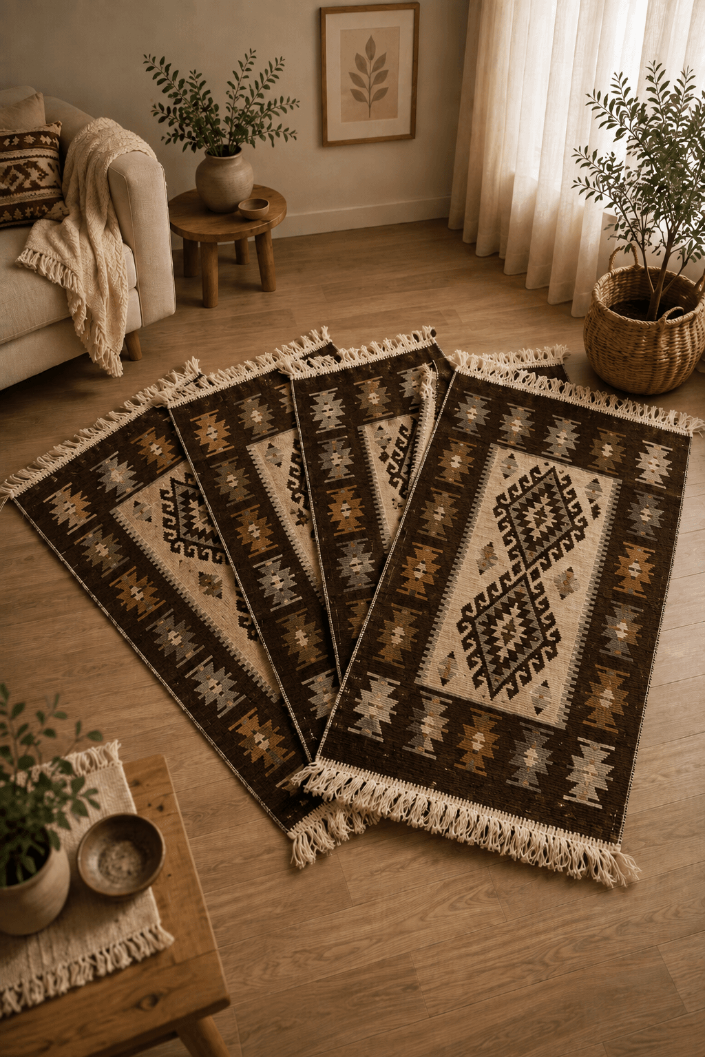 set 4 Covoare traditionale tesute, cu doua fete, iuta, dimensiunea 60x90cm, Maro, model ROMB - imagine 2