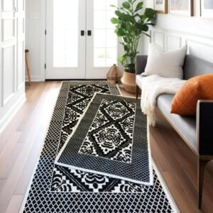 1+1 Set Covoare tesute din bumbac, dimensiunea 1 bucata 60x120cm+1 bucata 80x200cm, negru si alb, cod CB27AD