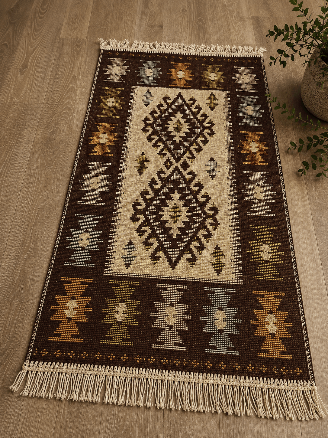 set 4 Covoare traditionale tesute, cu doua fete, iuta, dimensiunea 60x90cm, Maro, model ROMB - imagine 3