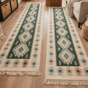 1+1 Covoare traditionale, iuta,dimensiunea 60x200cm, VERDE si crem, model ROMB