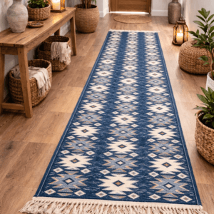 Covor traditional, tesut, cu doua fete, dimensiunea 80x250cm albastru si crem, model rustic 2