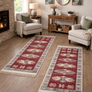 1+1 Covoare traditionale, dimensiunea 60x150cm, rosu si crem, model Con de brad