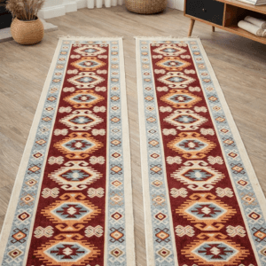 1+1 Covoare traditionale, dimensiunea 60x200cm, Rosu si crem, model Hora