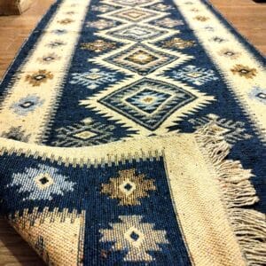 Alternative view of Covor traditional, iuta, dimensiunea 80x300cm Albastru si crem, model Romb