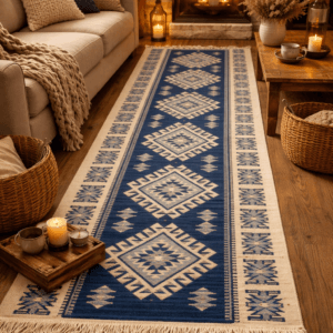 Covor traditional, tesut, iuta, cu doua fete, dimensiunea 80x200cm albastru si crem, model ROMB