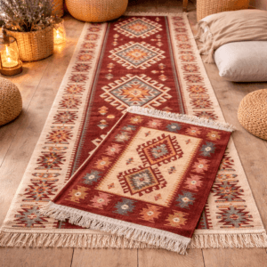 1+1 set covoare traditionale, tesute, iuta, cu doua fete, dimensiunea 80x200cm+60x90cm rosu si crem, model ROMB