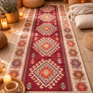 Covor traditional, tesut, cu doua fete, dimensiunea 80x200cm rosu si crem, model ROMB