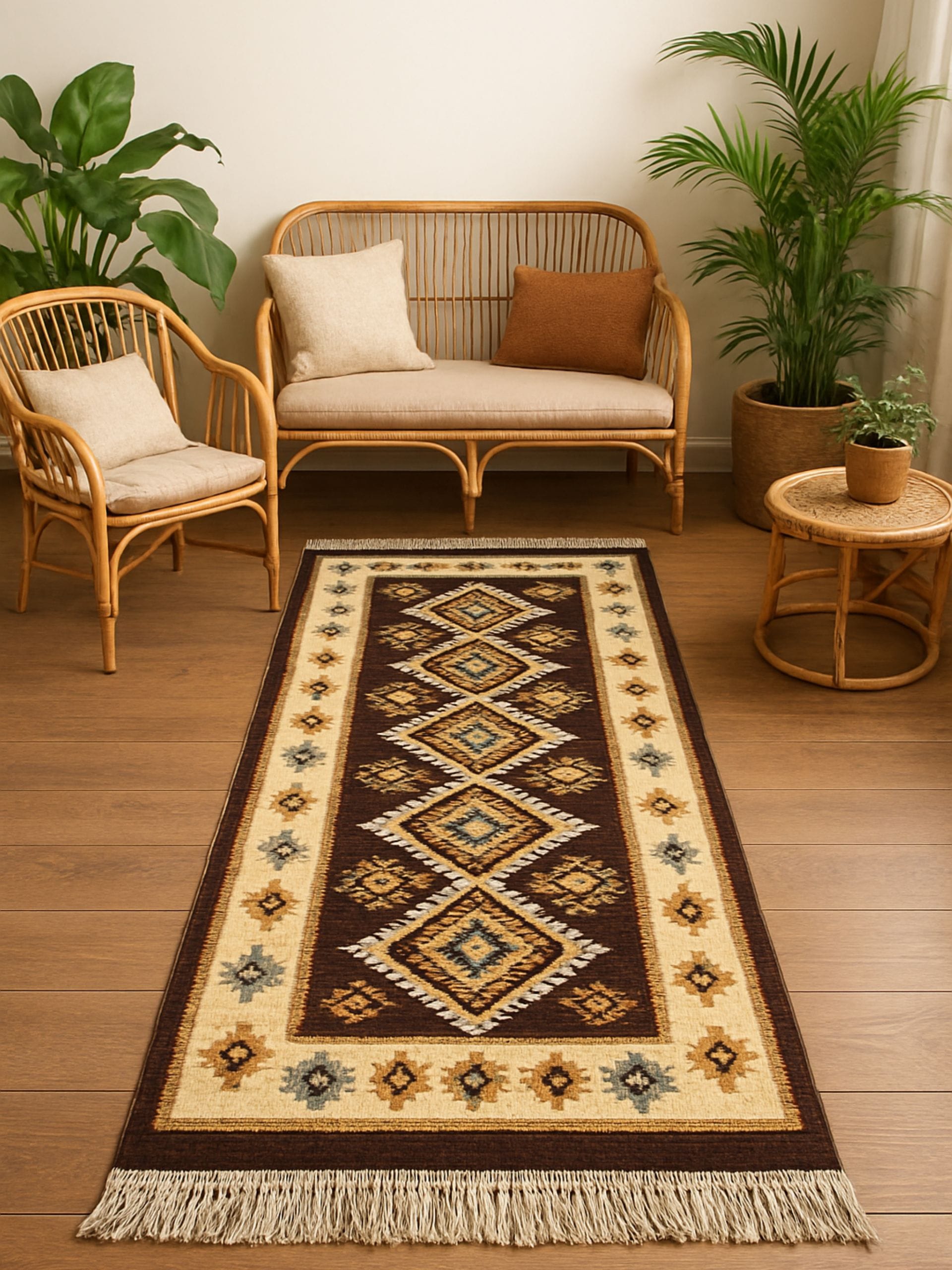 Covor traditional, tesut cu doua fete, dimensiunea 80x200cm Maro si crem, model ROMB