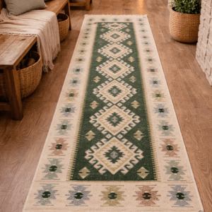 Covor traditional, iuta,dimensiunea 60x200cm, VERDE si crem, model ROMB