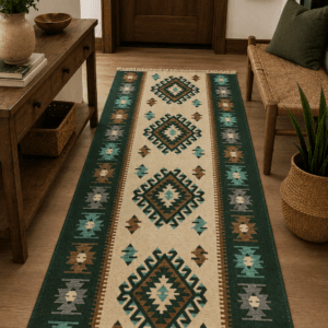 Covor traditional, tesut, iuta, cu doua fete, dimensiunea 80x200cm verde olive si crem, model ROMB