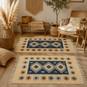 Alternative view of 1+1 Covoare traditionale,iuta, dimensiunea 60x90cm+60x120cm, albastru si crem, model ROMB