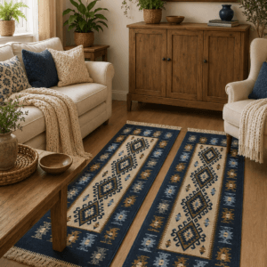 1+1 Covoare traditionale,iuta, dimensiunea 60x90cm+60x120cm, albastru si crem, model ROMB
