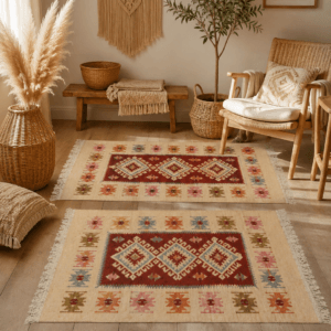 1+1 Covoare traditionale, iuta, dimensiunea 60x120cm, Rosu si Crem, model Romb