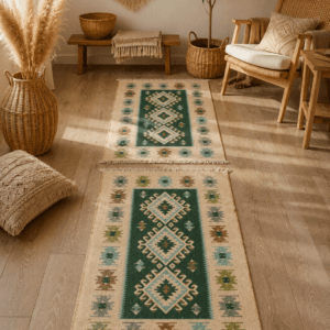 1+1 Covoare traditionale, dimensiunea 60x120cm, verde si crem, model ROMB