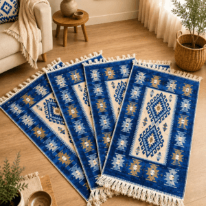 set 4 Covoare traditionale tesute, iuta, cu doua fete, dimensiunea 60x90cm, Albastru, model ROMB
